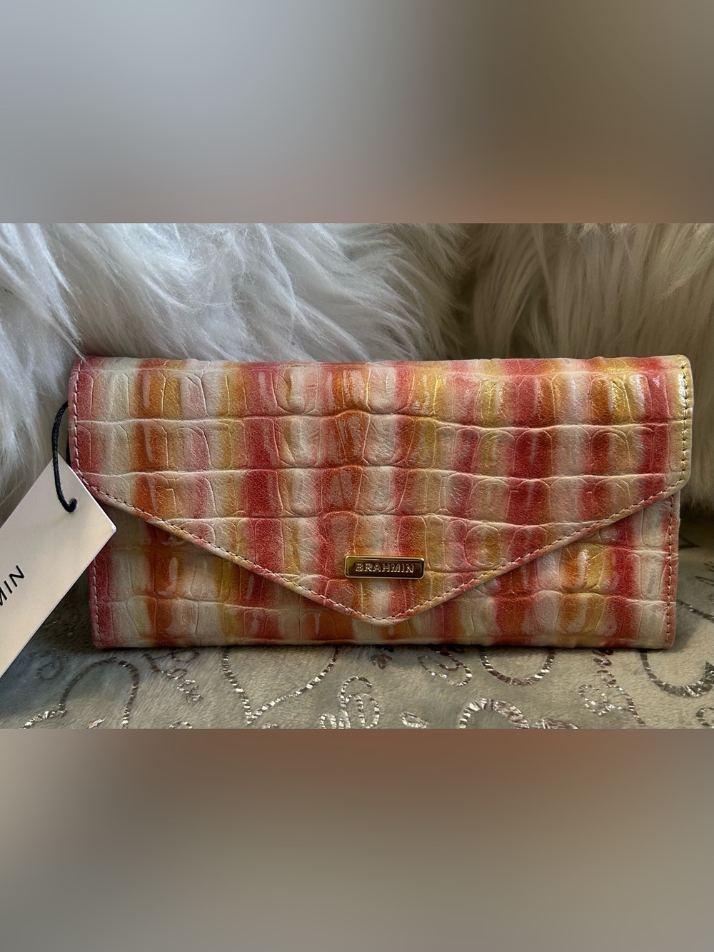 NWT Brahmin Large Multicolor Victory Croc-Embossed Leather Wallet - Pink & Gold